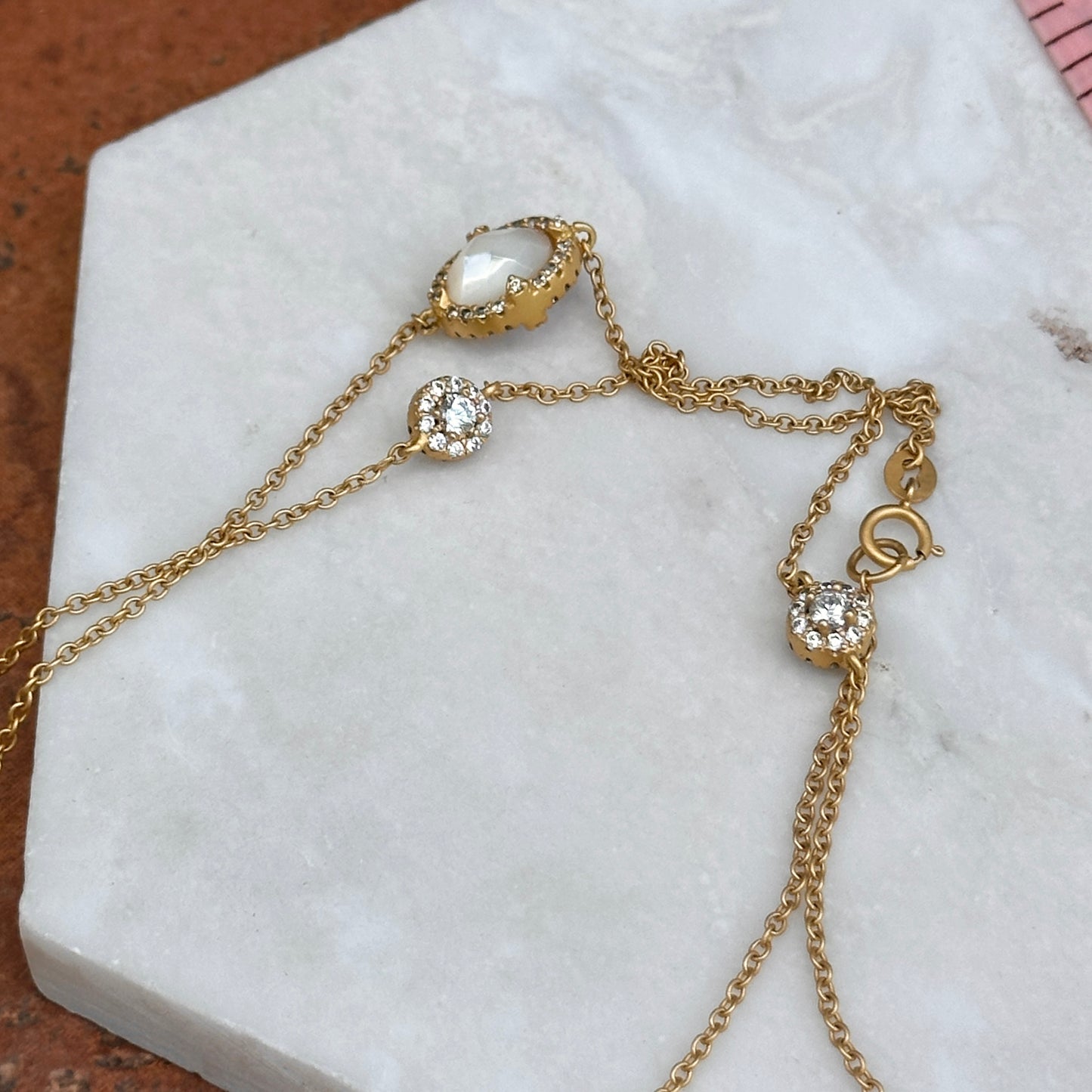 Estate Sterling Silver Yellow Gold Plated Mother of Pearl + Cubic Zirconia Freida Rothman Station Necklace 36"