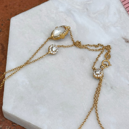 Estate Sterling Silver Yellow Gold Plated Mother of Pearl + Cubic Zirconia Freida Rothman Station Necklace 36"