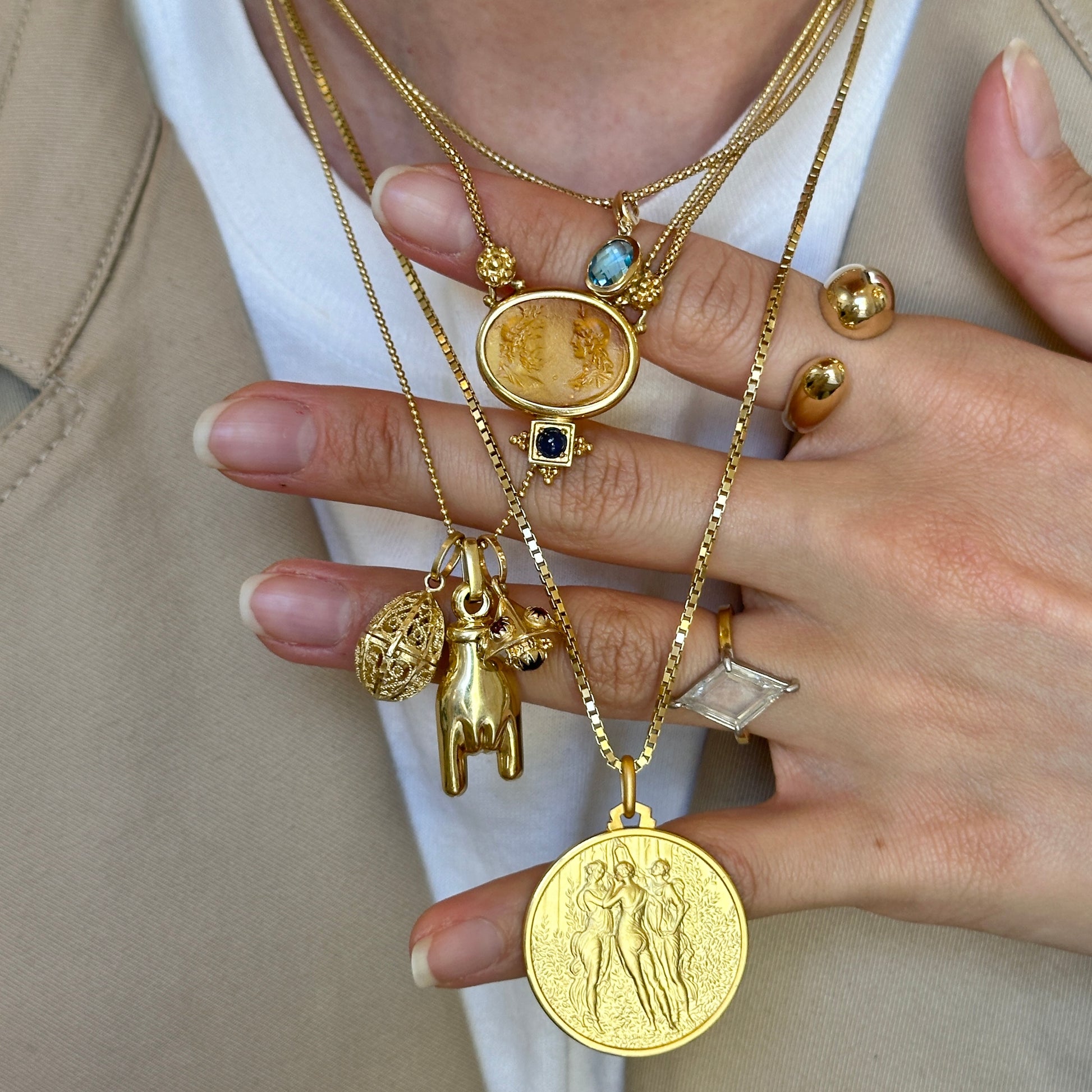 18KT Yellow Gold The Three Graces Matte Medal Pendant 30mm - LSJ