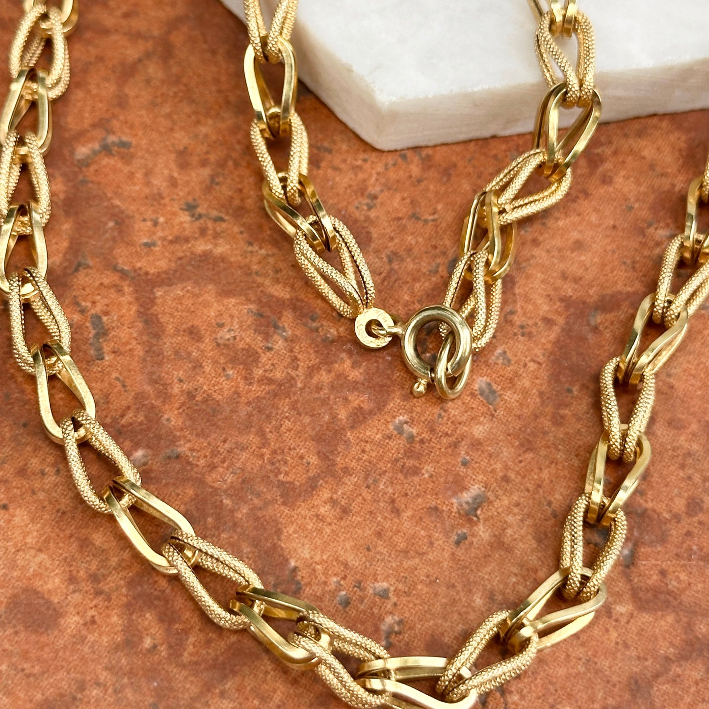 Estate 14KT Yellow Gold Textured + Shiny 3D Links Necklace 32"