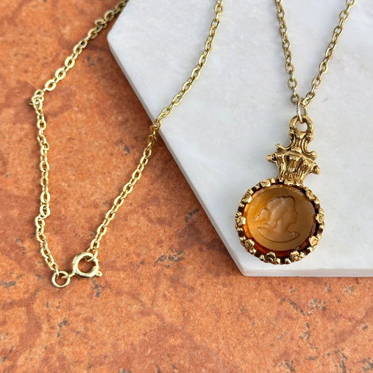 Vintage Gold Tone Necklace + Replica Cameo Citrine Amber Colored Venetian Glass Necklace 18” - LSJ