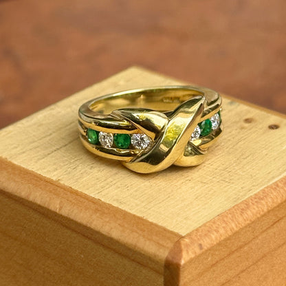 Estate 18KT Yellow Gold Round Emerald + Diamond "X" Band Ring