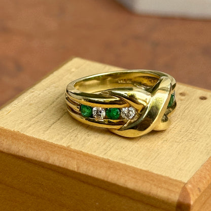 Estate 18KT Yellow Gold Round Emerald + Diamond "X" Band Ring