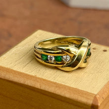 Load image into Gallery viewer, Estate 18KT Yellow Gold Round Emerald + Diamond &quot;X&quot; Band Ring