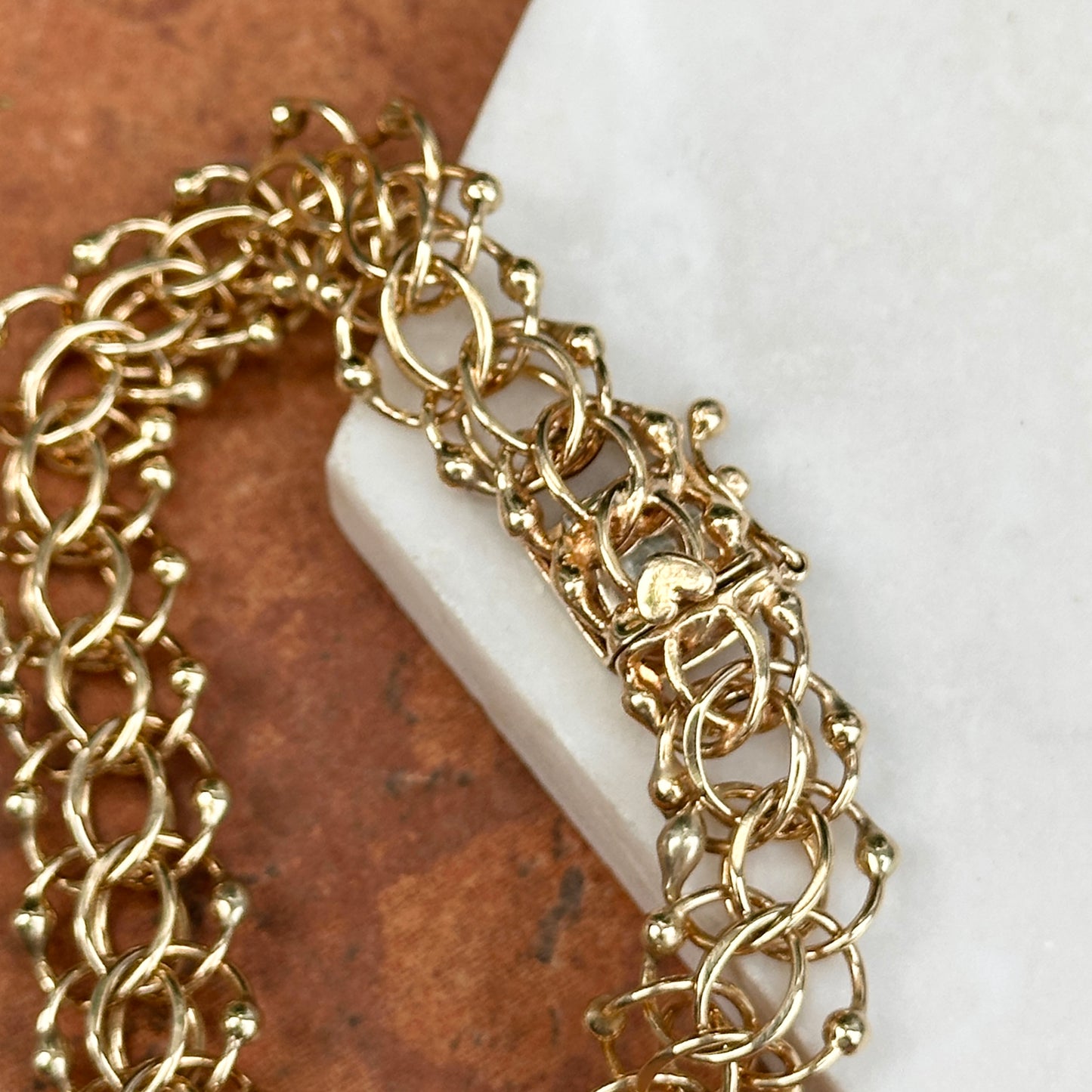 Estate 14KT Yellow Gold Interlocking Wire + Beaded Bracelet
