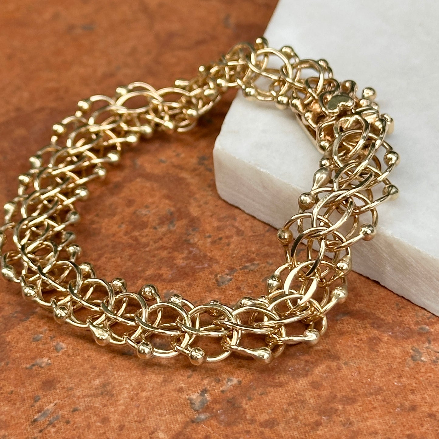 Estate 14KT Yellow Gold Interlocking Wire + Beaded Bracelet