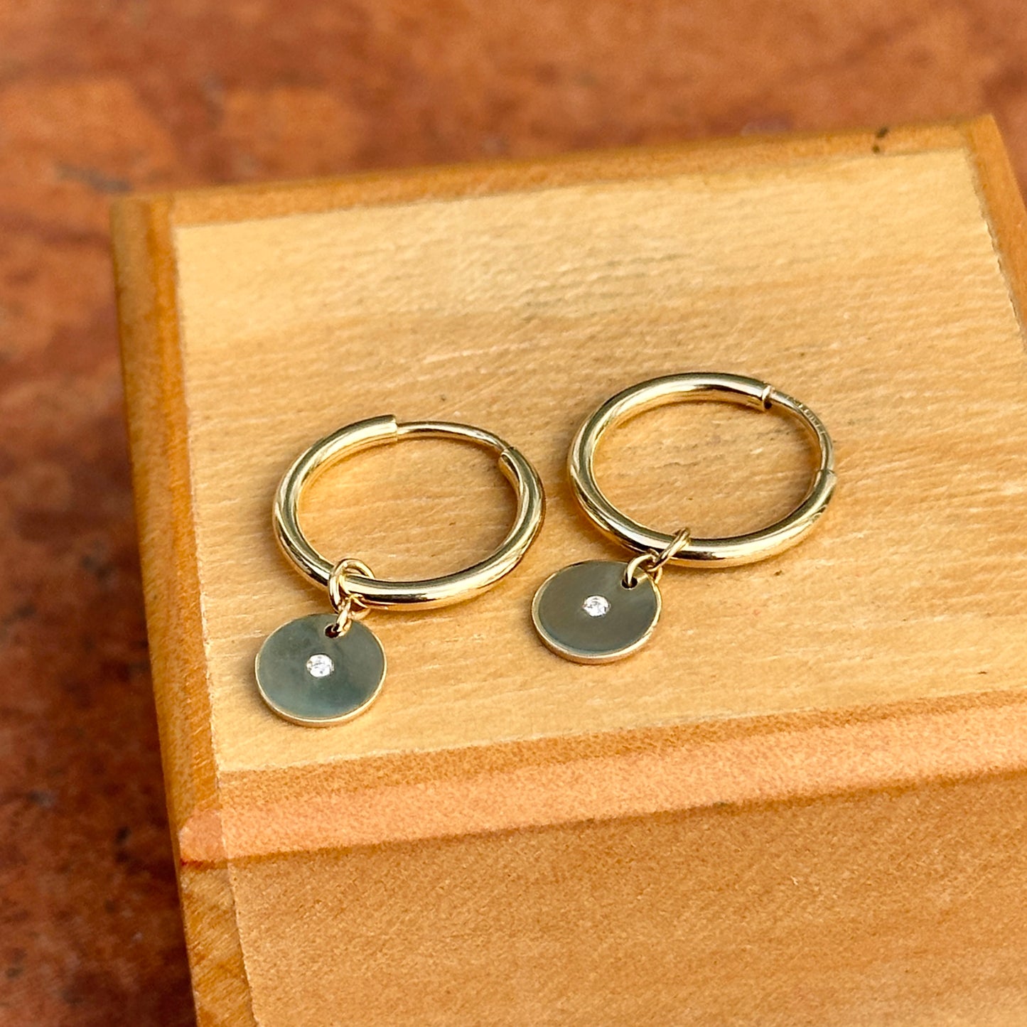 14KT Yellow Gold Small Endless Hoop + Diamond Disc Charms Earrings - LSJ