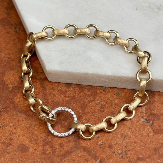 Estate 14KT Yellow Gold Matte Oval Link Diamond Clasp Bracelet