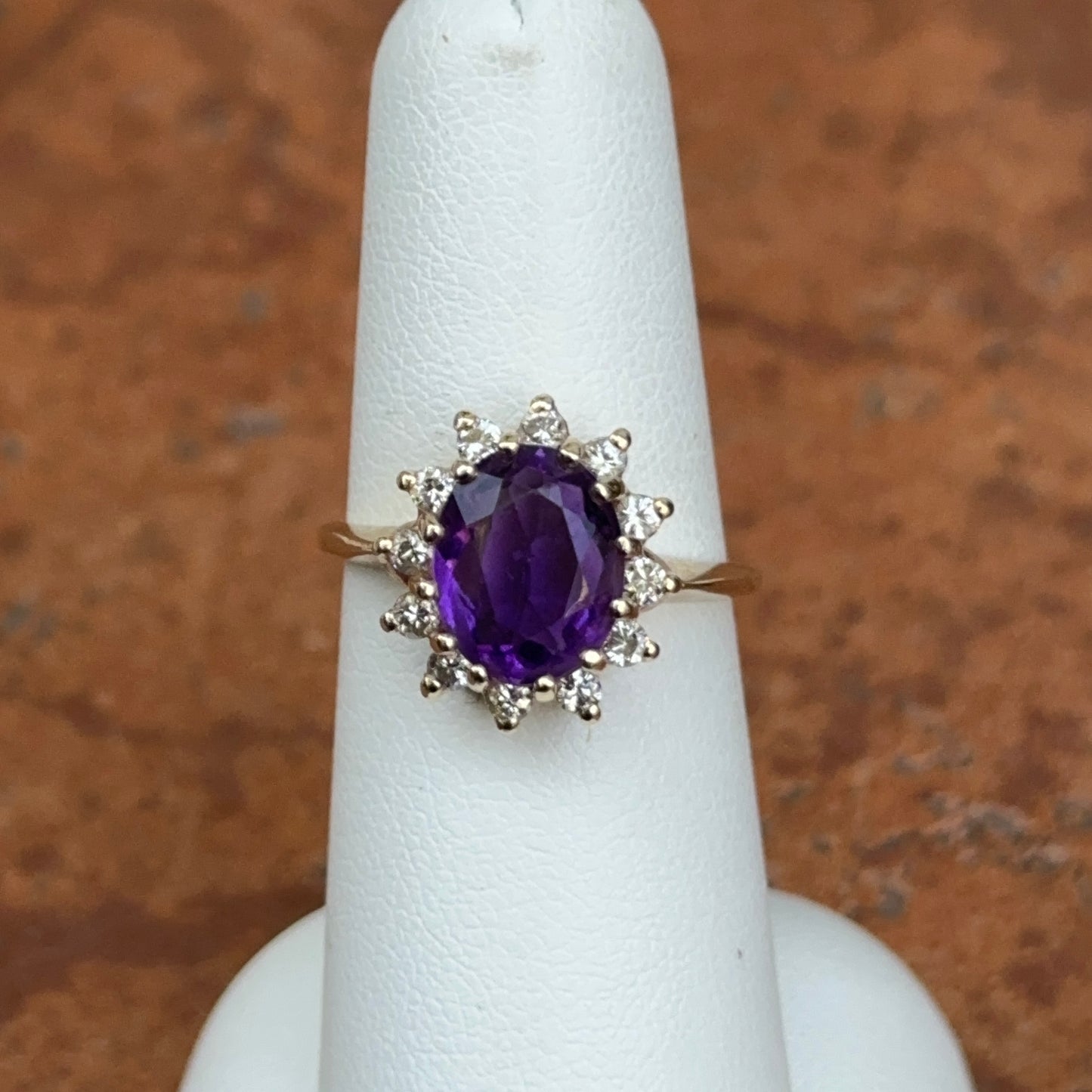 Estate 14KT Yellow Gold Oval 2.4 CT Amethyst Halo Diamond Ring