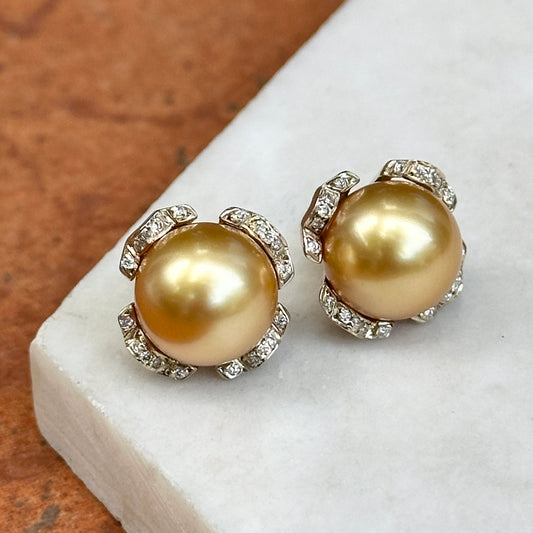 Estate 18KT Yellow Gold Golden Pearl Stud Earrings + Diamond Jackets