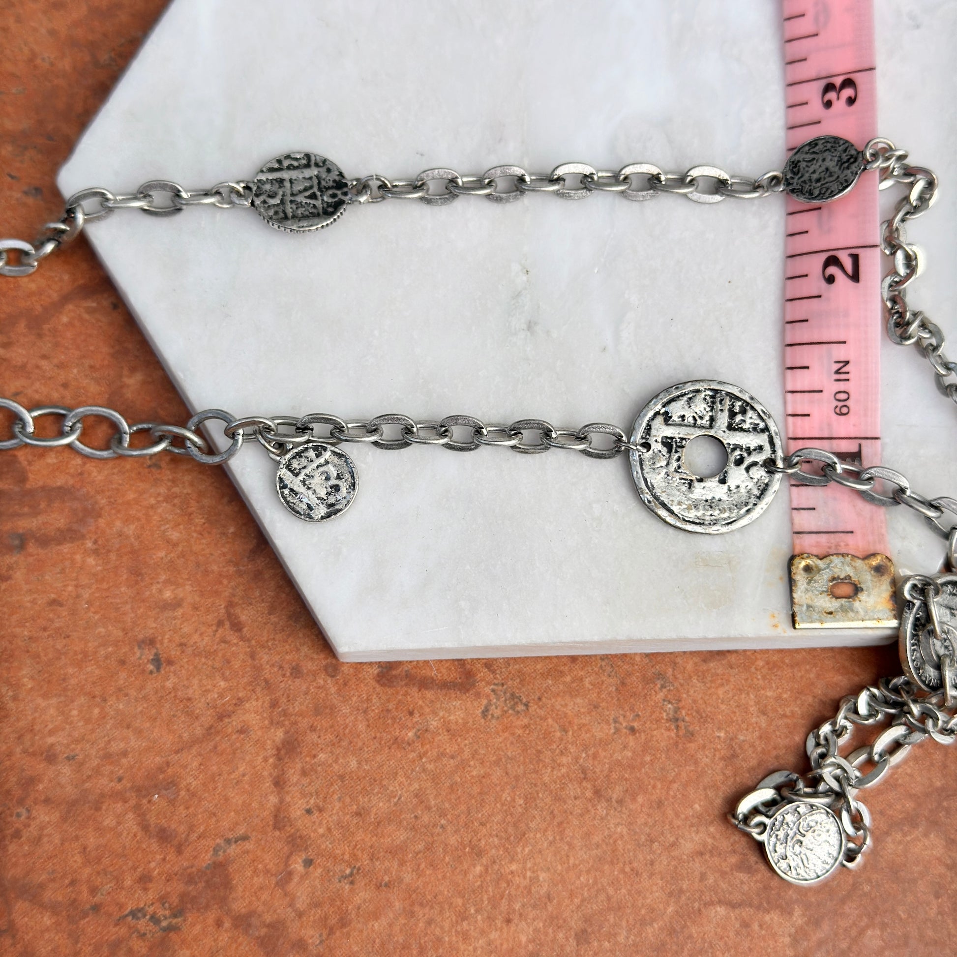 Estate Silver Pewter Tone Replica Coin Link Chain Necklace - LSJ