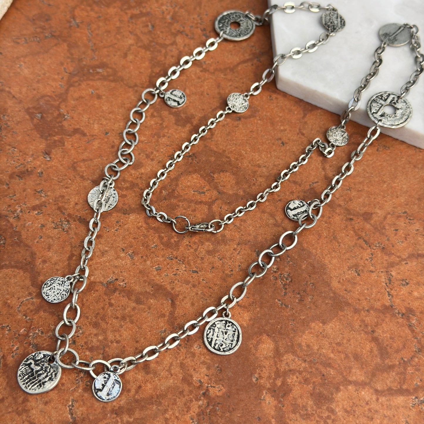 Estate Silver Pewter Tone Replica Coin Link Chain Necklace - LSJ