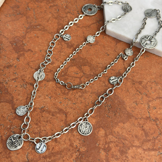Estate Silver Pewter Tone Replica Coin Link Chain Necklace