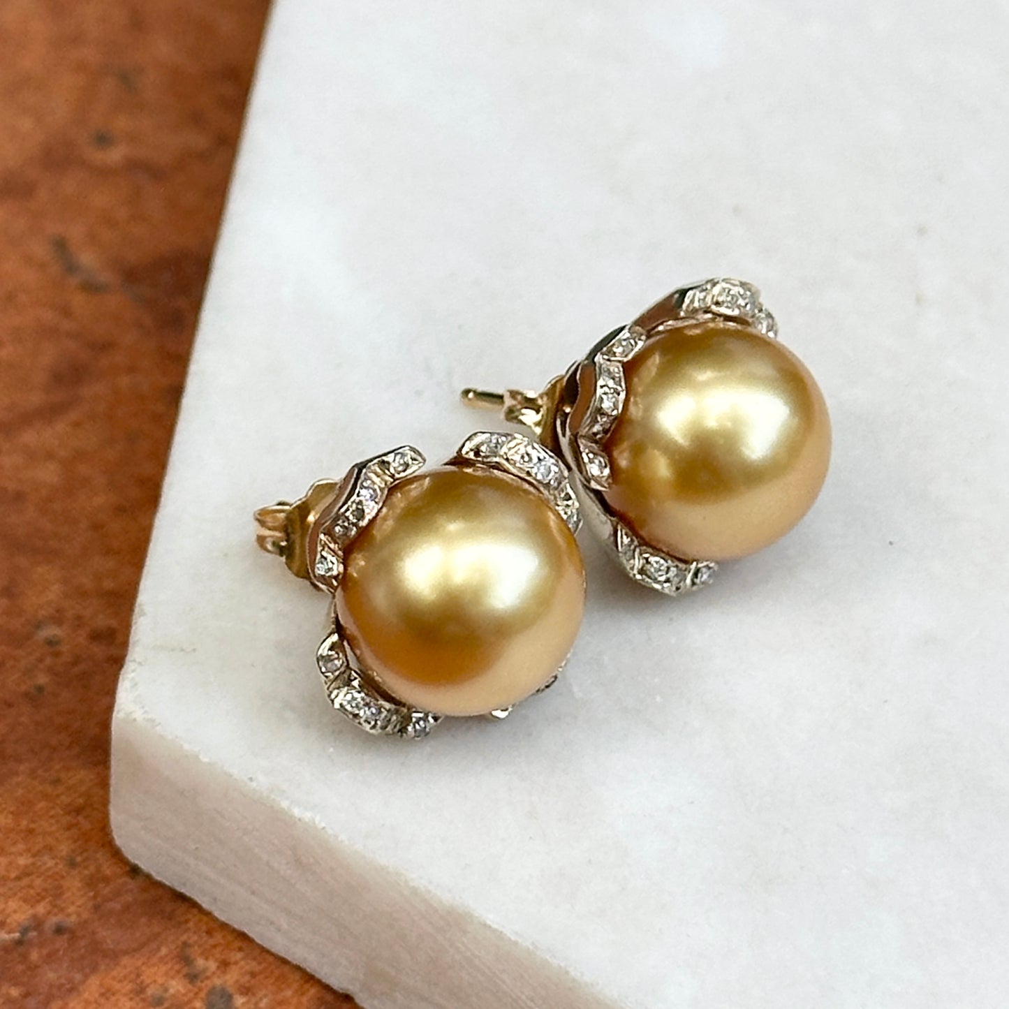Estate 18KT Yellow Gold Golden Pearl Stud Earrings + Diamond Jackets