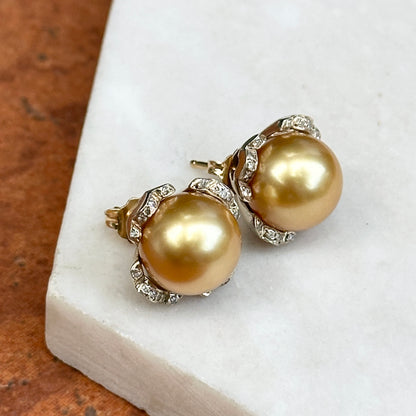 Estate 18KT Yellow Gold Golden Pearl Stud Earrings + Diamond Jackets