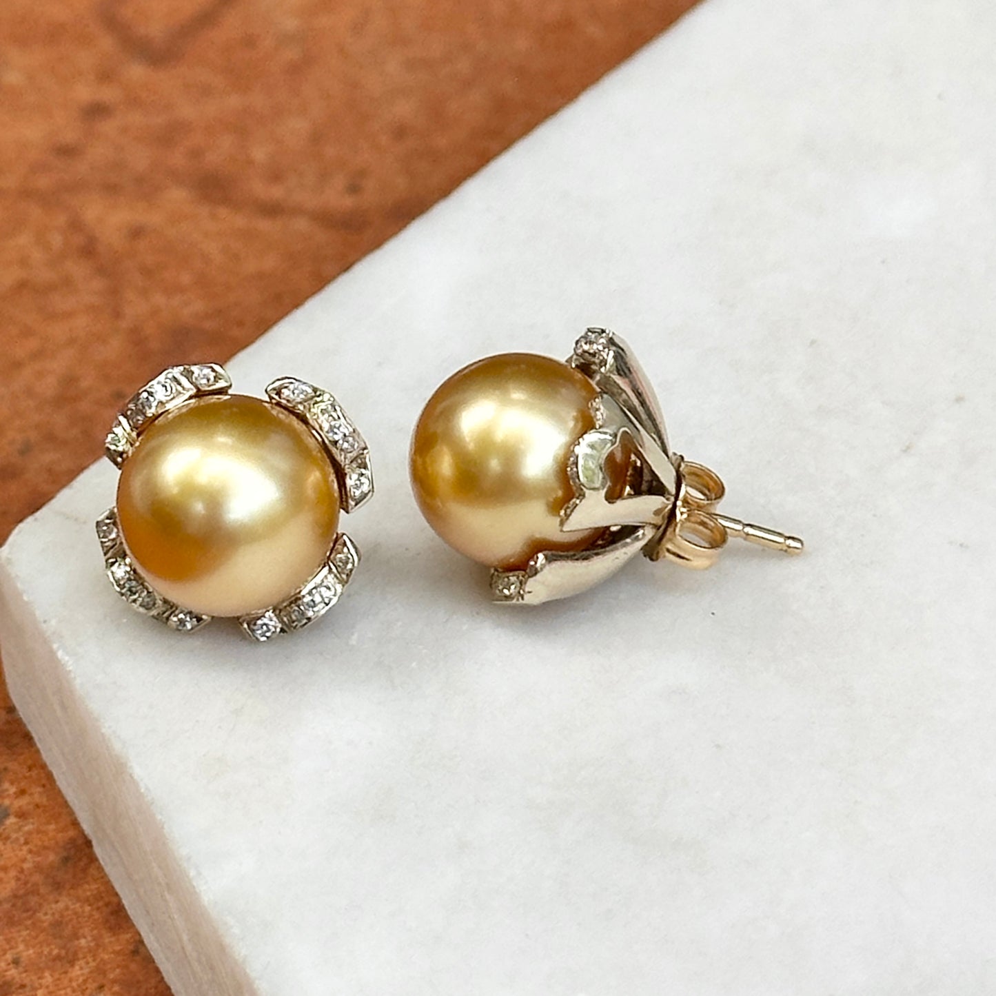Estate 18KT Yellow Gold Golden Pearl Stud Earrings + Diamond Jackets