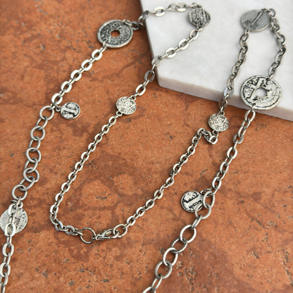 Estate Silver Pewter Tone Replica Coin Link Chain Necklace - LSJ