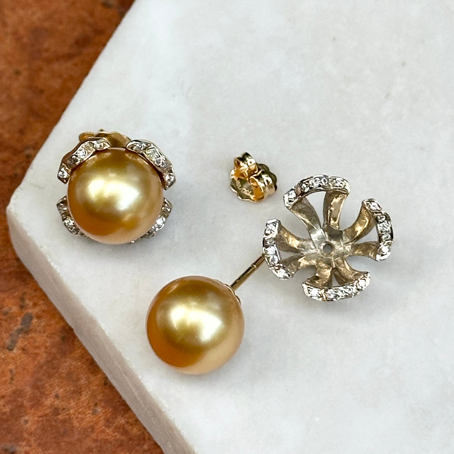 Estate 18KT Yellow Gold Golden Pearl Stud Earrings + Diamond Jackets