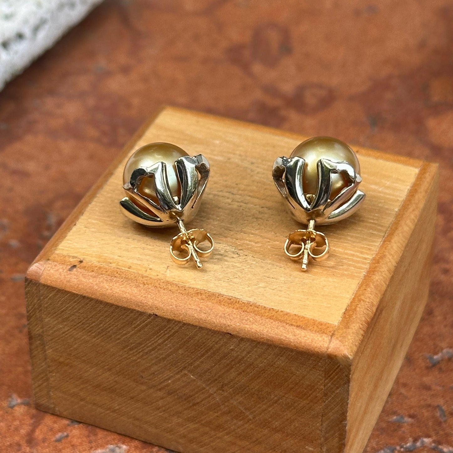 Estate 18KT Yellow Gold Golden Pearl Stud Earrings + Diamond Jackets