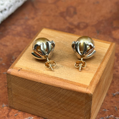 Estate 18KT Yellow Gold Golden Pearl Stud Earrings + Diamond Jackets