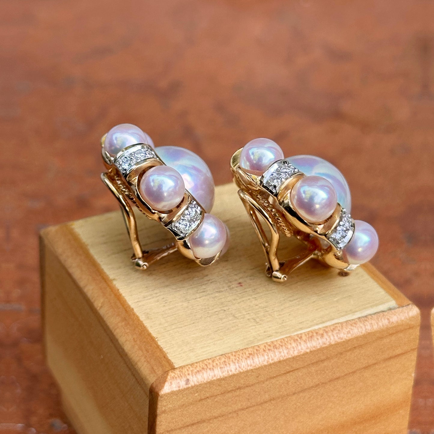 Estate Rita Tubus 14KT Yellow Gold Pearl + Pave Diamond Clip-On Earrings