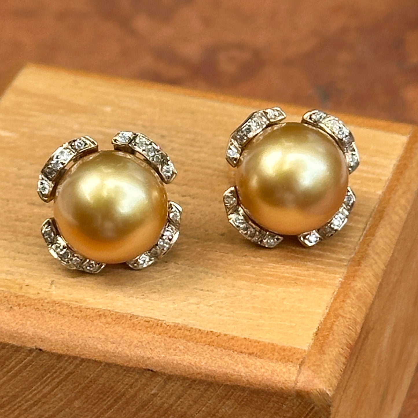Estate 18KT Yellow Gold Golden Pearl Stud Earrings + Diamond Jackets