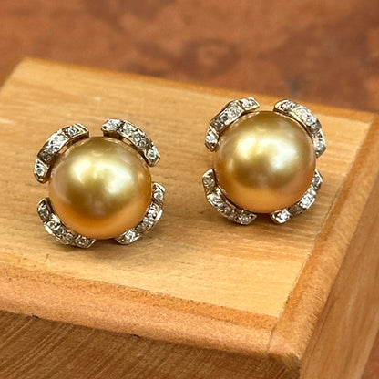 Estate 18KT Yellow Gold Golden Pearl Stud Earrings + Diamond Jackets