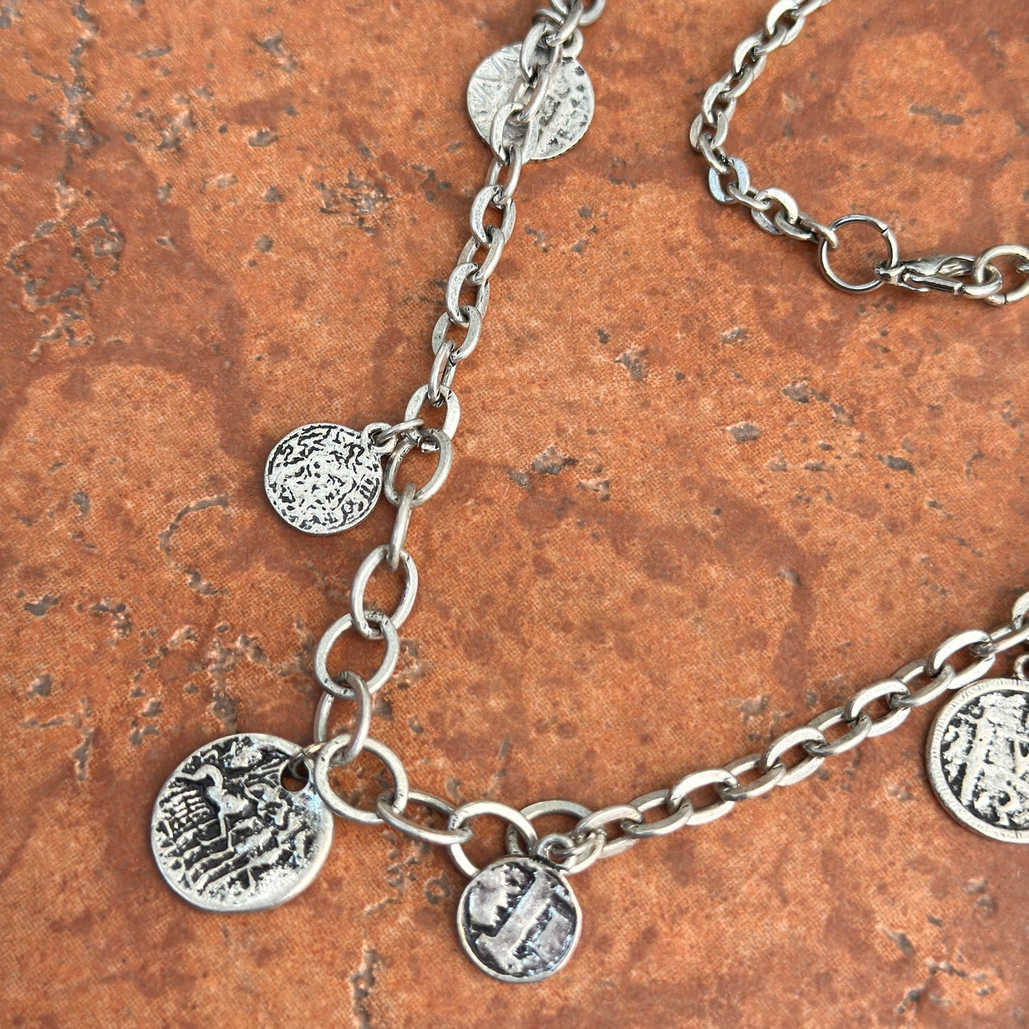 Estate Silver Pewter Tone Replica Coin Link Chain Necklace - LSJ