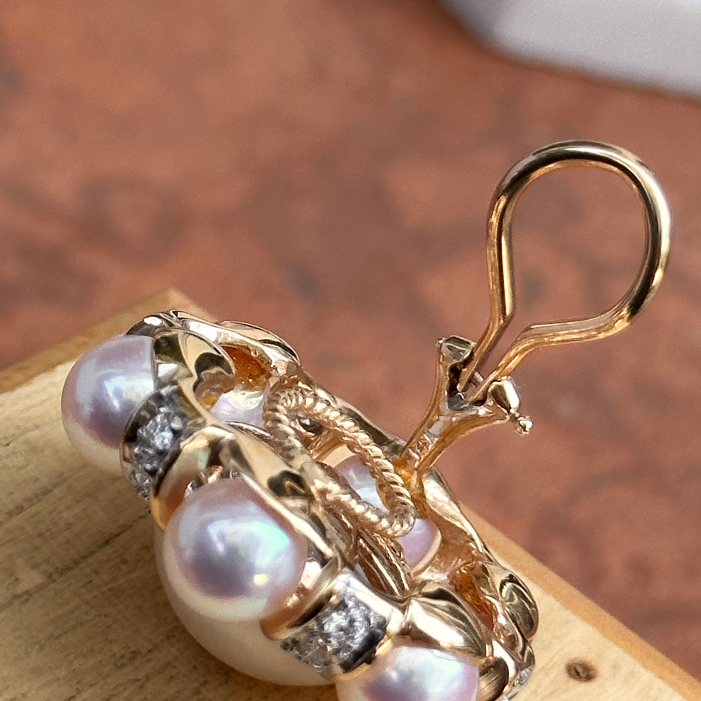 Estate Rita Tubus 14KT Yellow Gold Pearl + Pave Diamond Clip-On Earrings