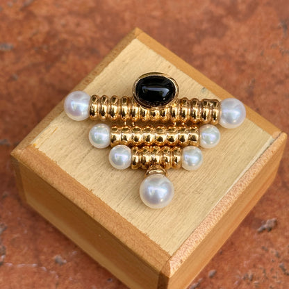 Estate 14KT Yellow Gold Pearl + Garnet Corrugated Pin Brooch