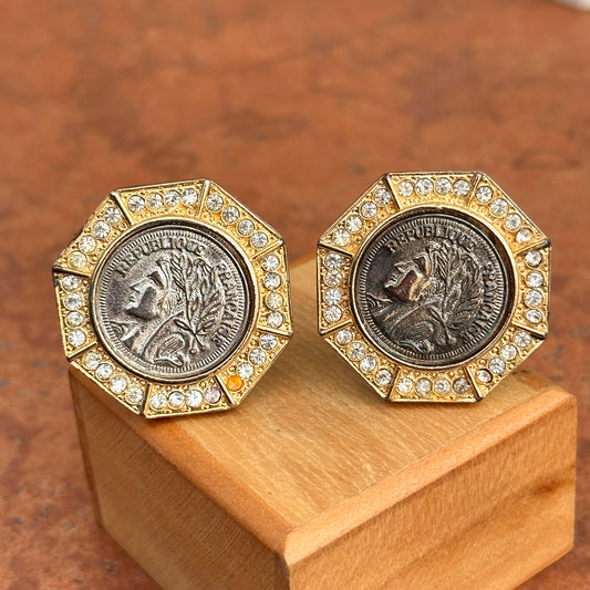 Vintage Gold-Tone Ancient Replica Coin + Stones Octagon Clip Earrings - LSJ
