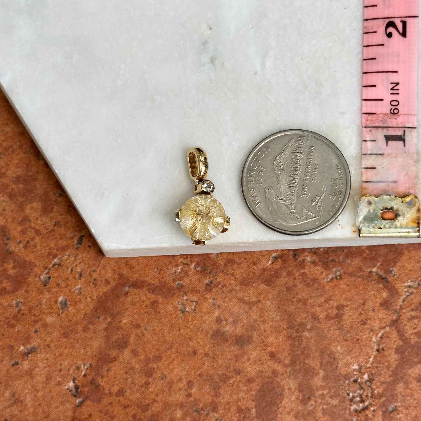 14K Yellow Gold Round Rutilated Quartz + Round Diamond Pendant