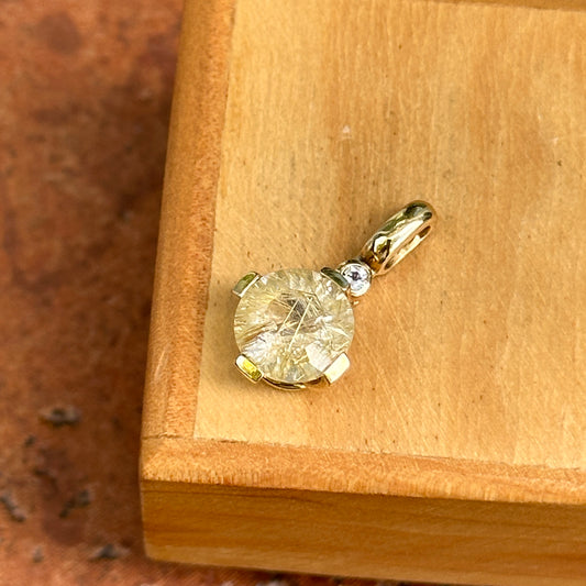 14K Yellow Gold Round Rutilated Quartz + Round Diamond Pendant