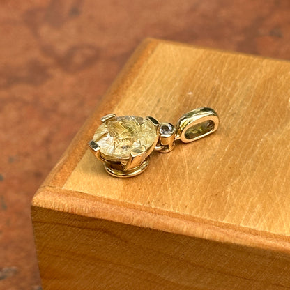 14K Yellow Gold Round Rutilated Quartz + Round Diamond Pendant