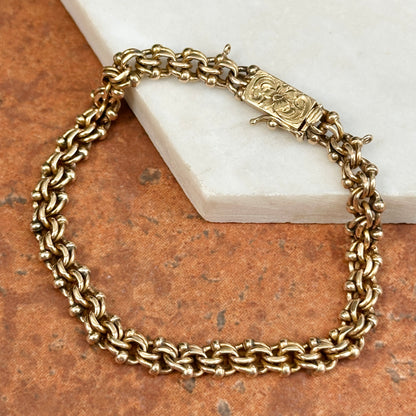 Estate 14KT Yellow Gold Interlocking Link Engraved Flower Clasp Bracelet