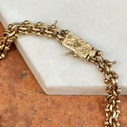 Estate 14KT Yellow Gold Interlocking Link Engraved Flower Clasp Bracelet