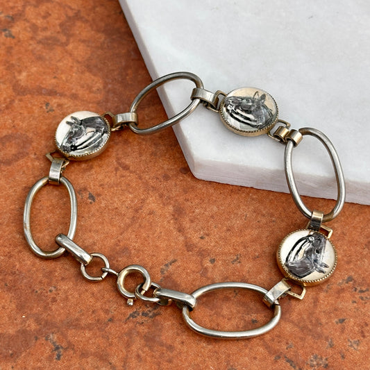 Estate Antique Silver Tone Painted Horse Bubble Glass Bracelet 7.75''