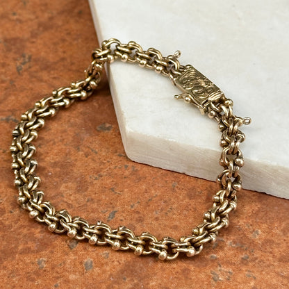 Estate 14KT Yellow Gold Interlocking Link Engraved Flower Clasp Bracelet