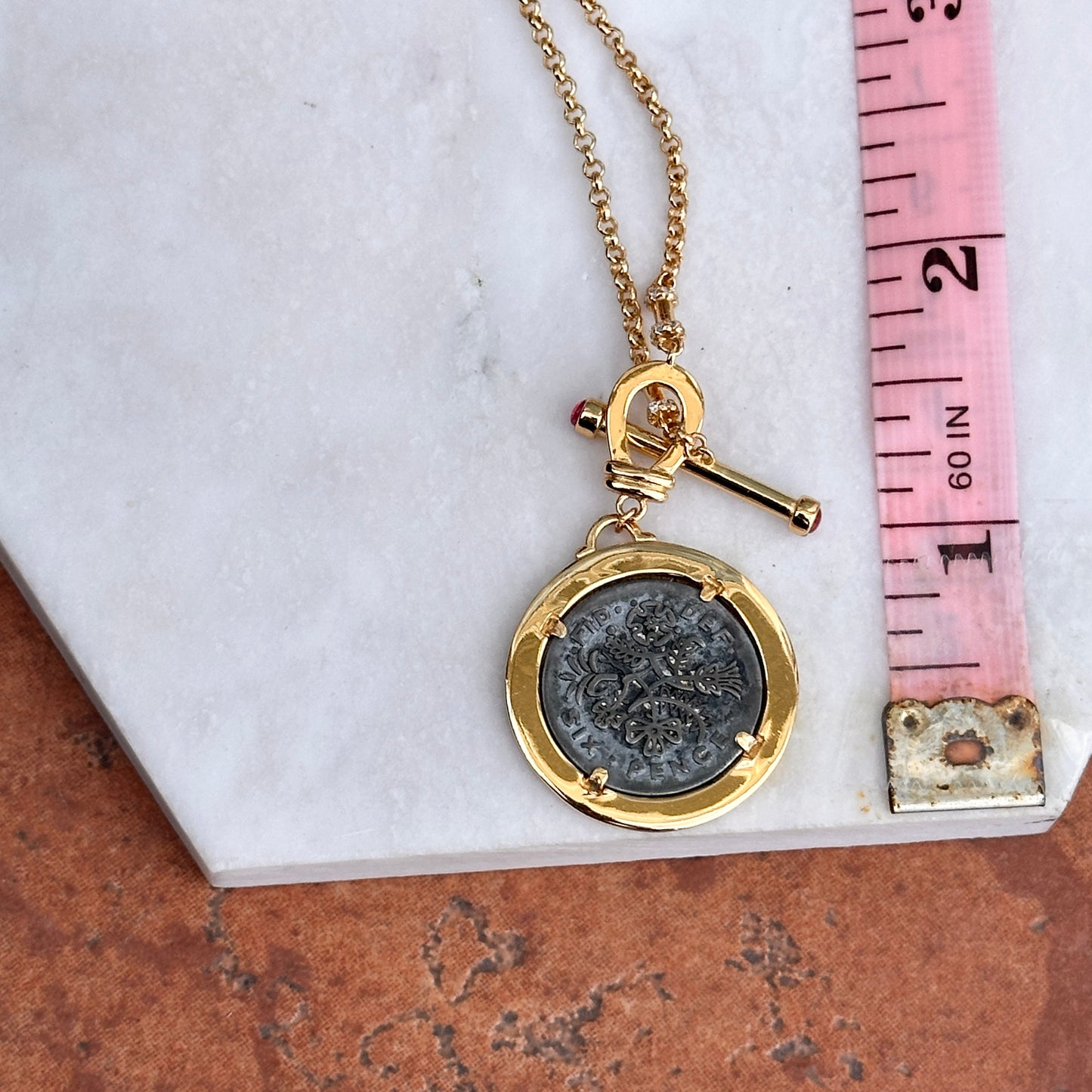 Estate Gold-Tone Replica Sixpense Coin + Stones Toggle Necklace 18.5" - LSJ