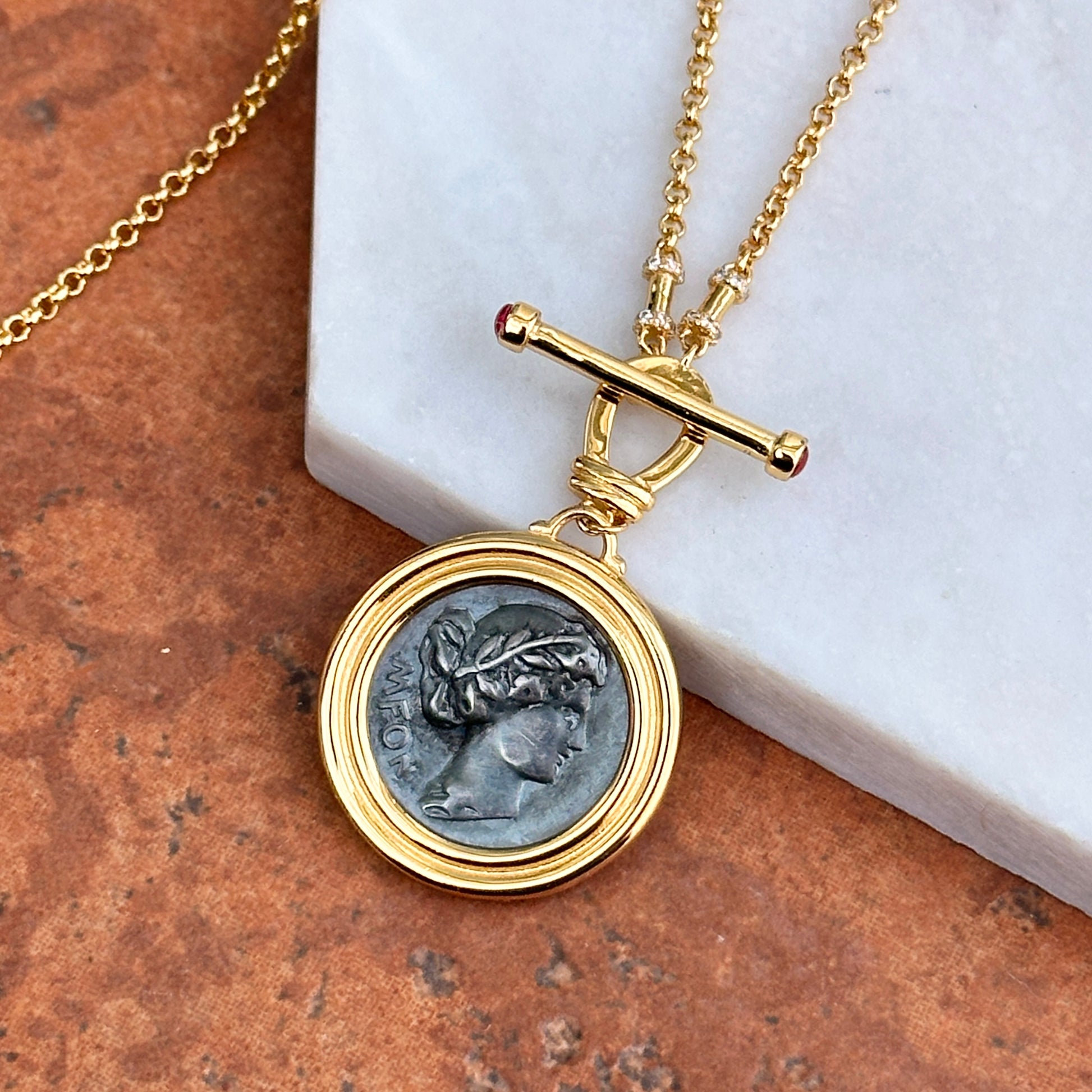 Estate Gold-Tone Replica Sixpense Coin + Stones Toggle Necklace 18.5" - LSJ