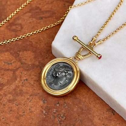 Estate Gold-Tone Replica Sixpense Coin + Stones Toggle Necklace 18.5" - LSJ