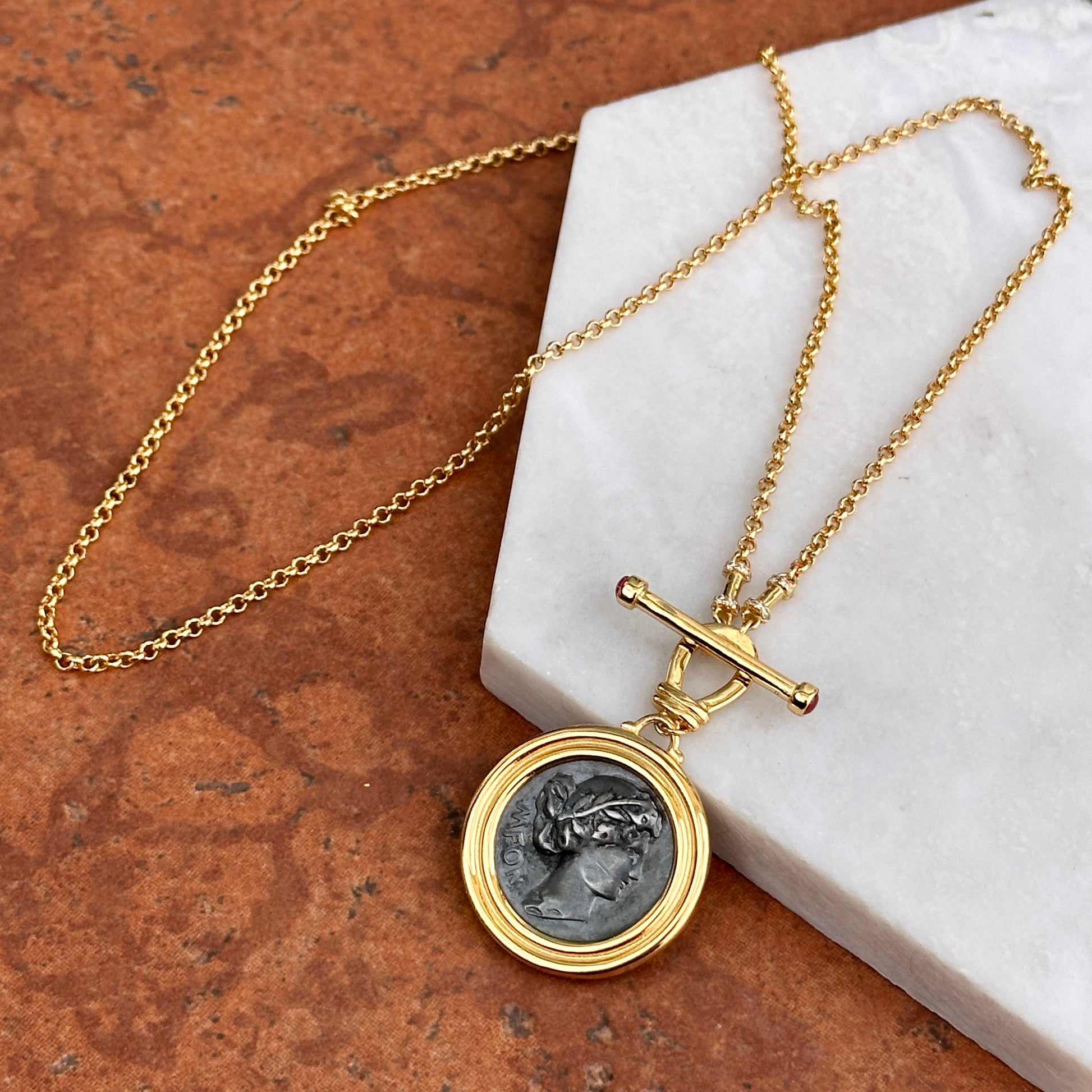 Estate Gold-Tone Replica Sixpense Coin + Stones Toggle Necklace 18.5" - LSJ