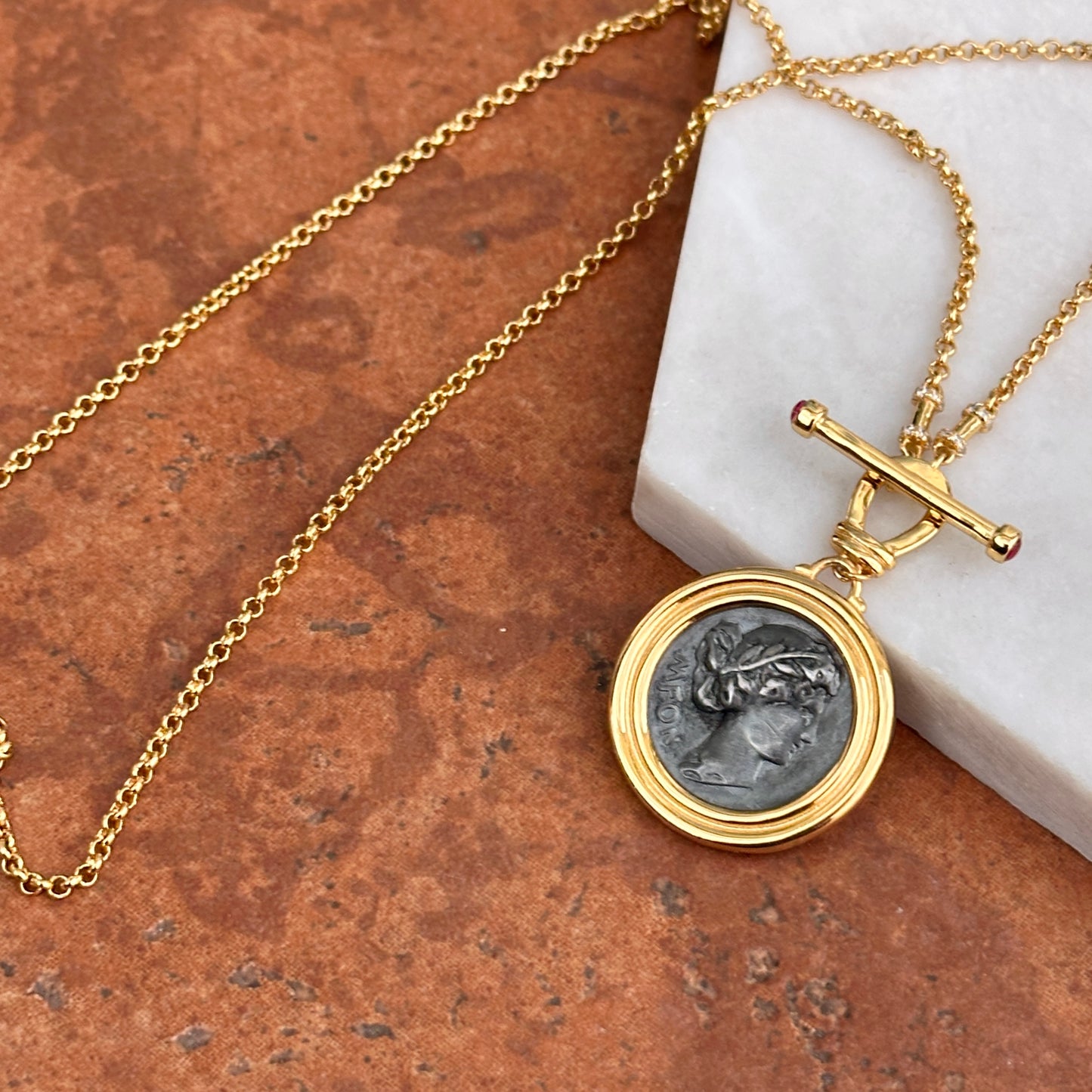 Estate Gold-Tone Replica Sixpense Coin + Stones Toggle Necklace 18.5" - LSJ