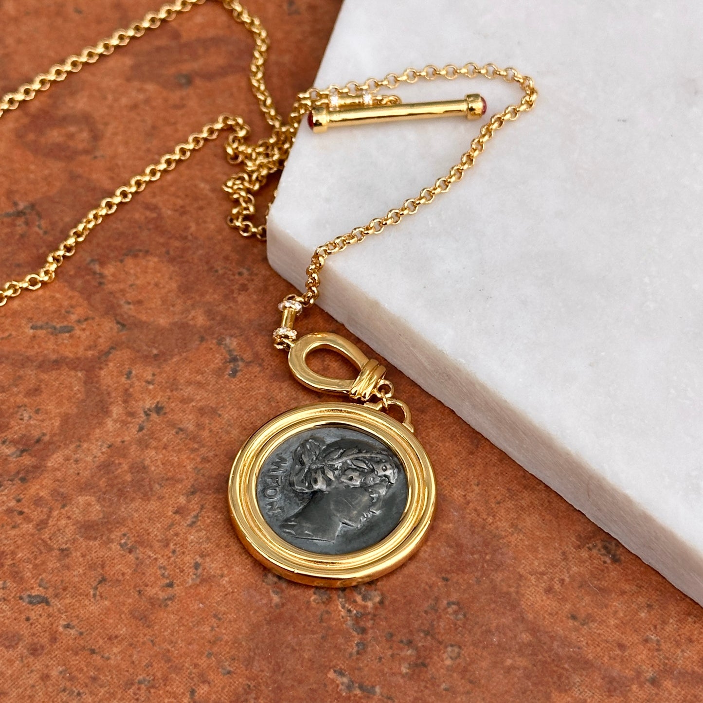 Estate Gold-Tone Replica Sixpense Coin + Stones Toggle Necklace 18.5" - LSJ