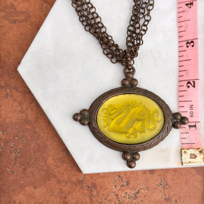 Estate Babyone Paris Bronze Tone Dragon Cameo Intalio Green Venetian Glass Necklace 18” - LSJ
