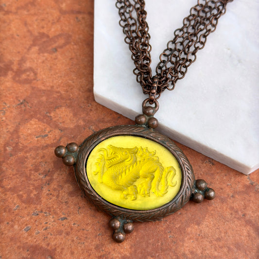 Estate Babyone Paris Bronze Tone Dragon Cameo Intalio Green Venetian Glass Necklace 18” - LSJ