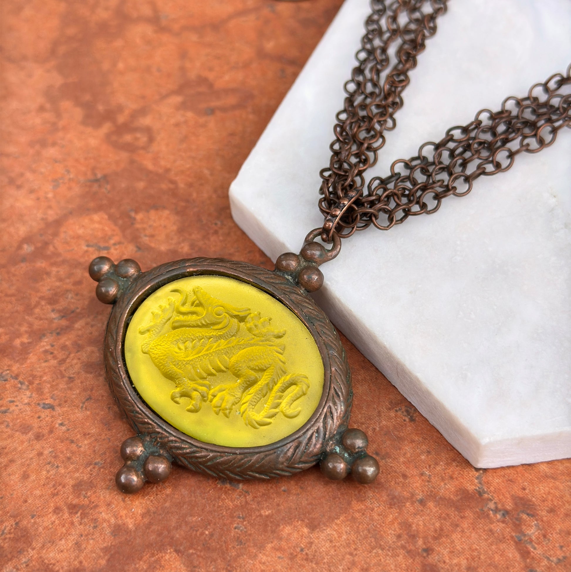Estate Babyone Paris Bronze Tone Dragon Cameo Intalio Green Venetian Glass Necklace 18” - LSJ