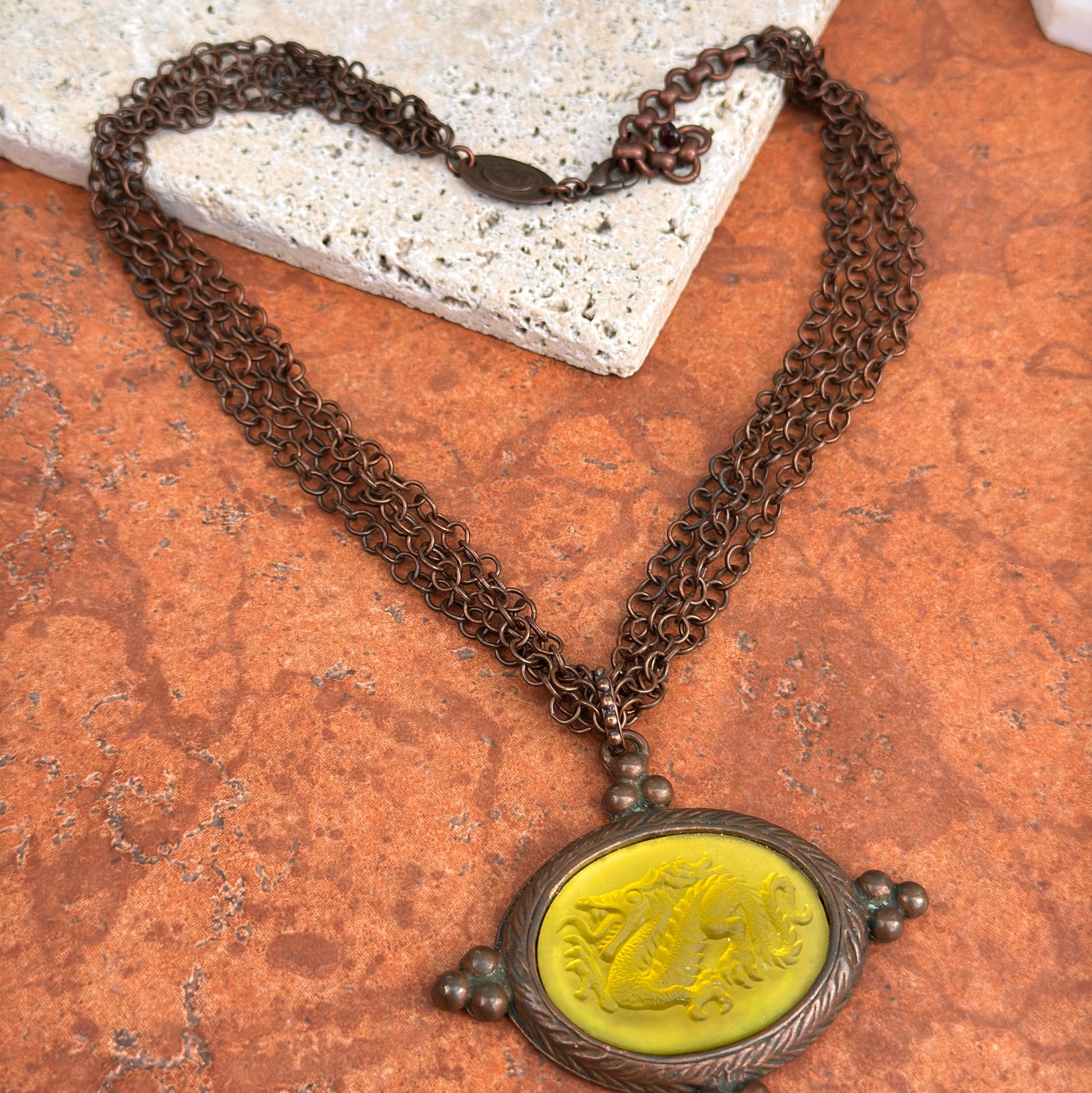 Estate Babyone Paris Bronze Tone Dragon Cameo Intalio Green Venetian Glass Necklace 18” - LSJ