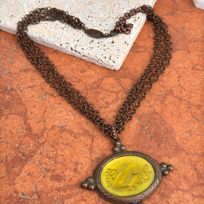 Estate Babyone Paris Bronze Tone Dragon Cameo Intalio Green Venetian Glass Necklace 18” - LSJ