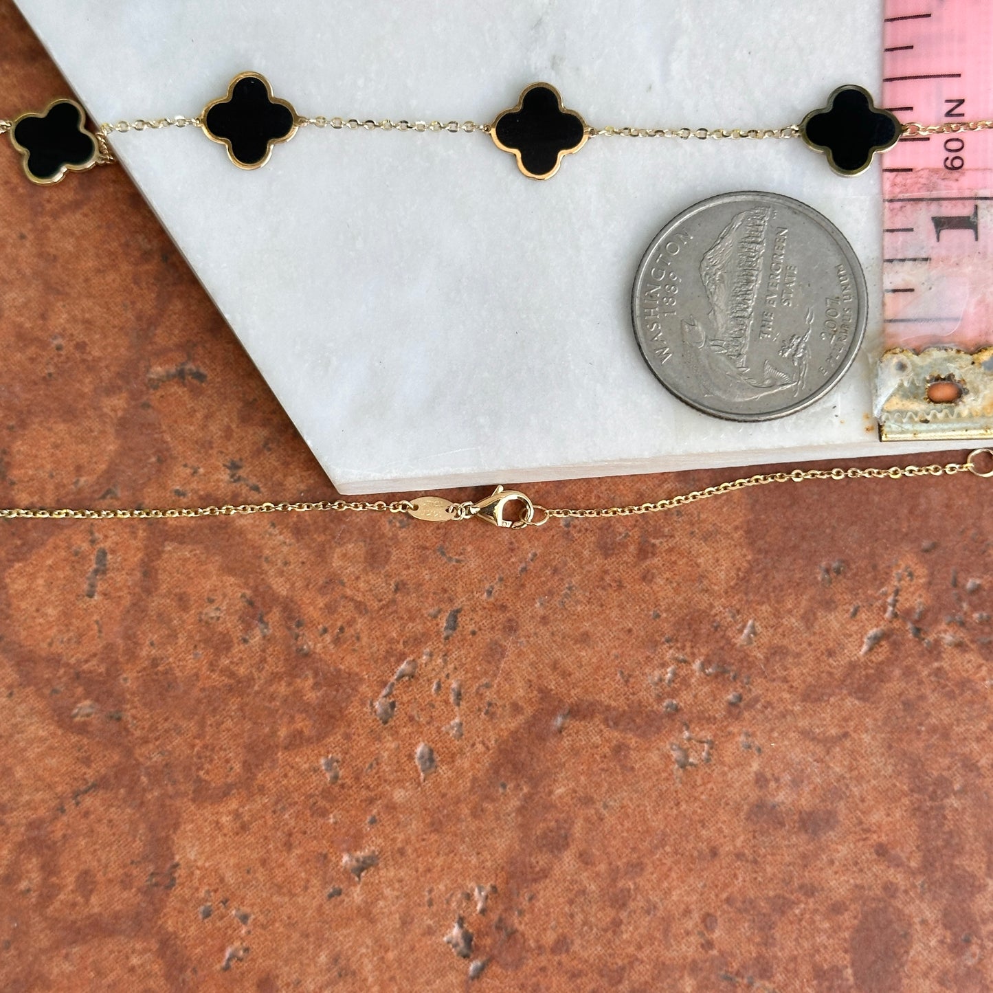 14KT Yellow Gold 10mm Black Onyx Clover Station Cable Chain Necklace